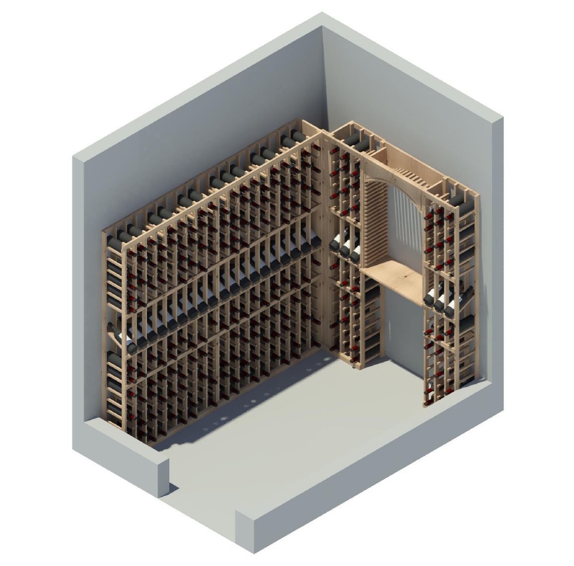 An isometric view of a room with lots of shelves