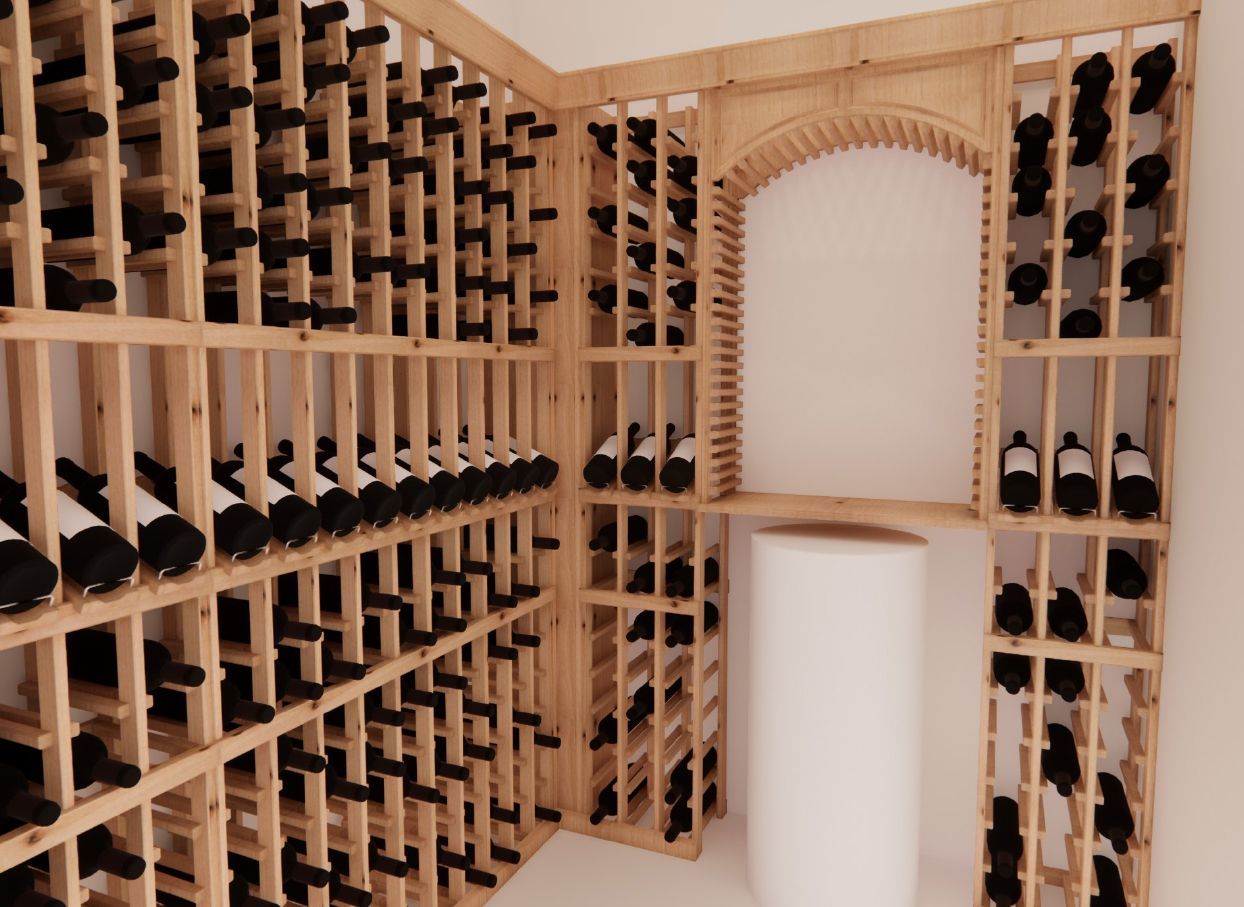 A wooden wine cellar filled with lots of wine bottles