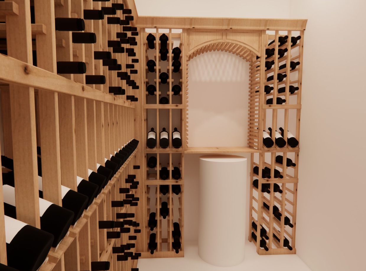 A wooden wine cellar filled with lots of bottles of wine.