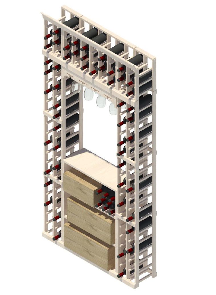 A 3d model of a wine rack with bottles and glasses.