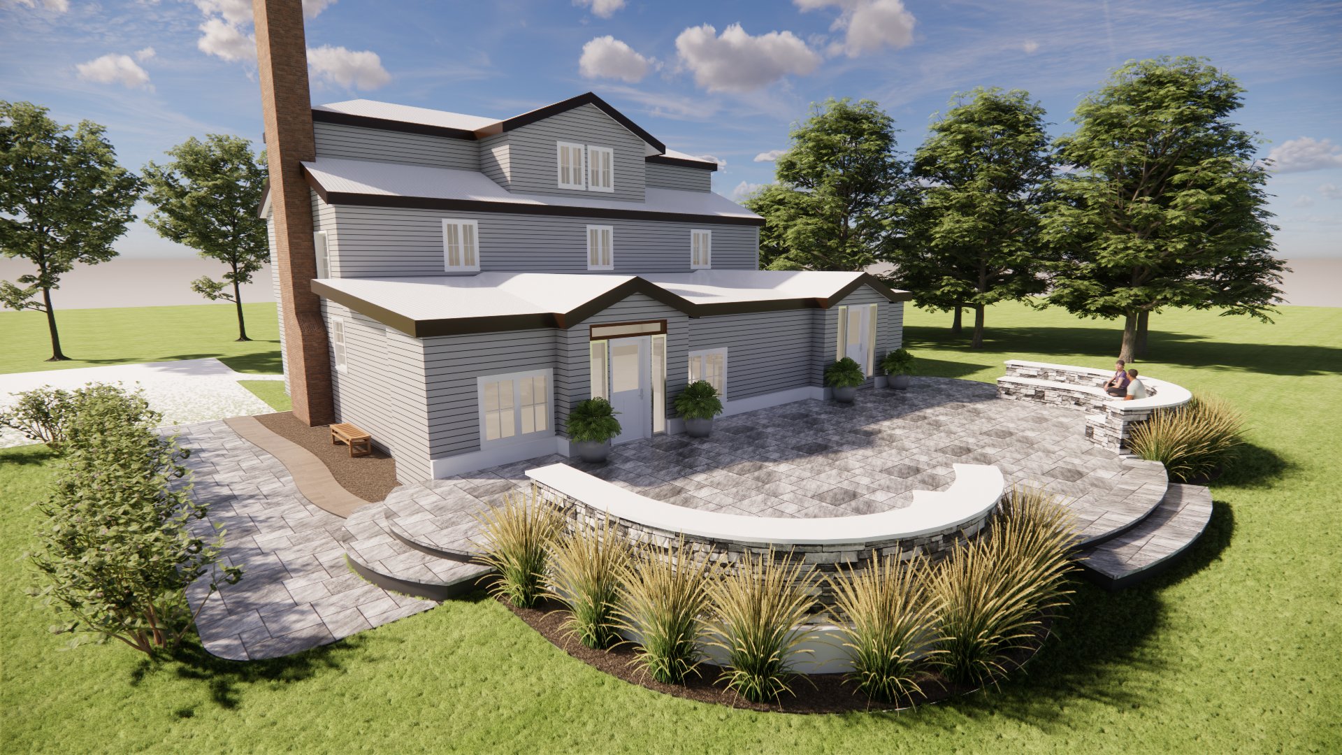An artist 's impression of a large house with a patio in front of it.