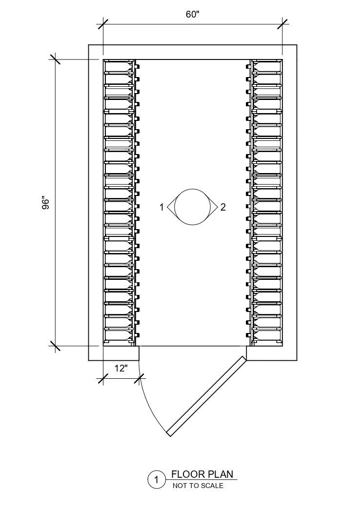 A black and white drawing of a closet with a door.