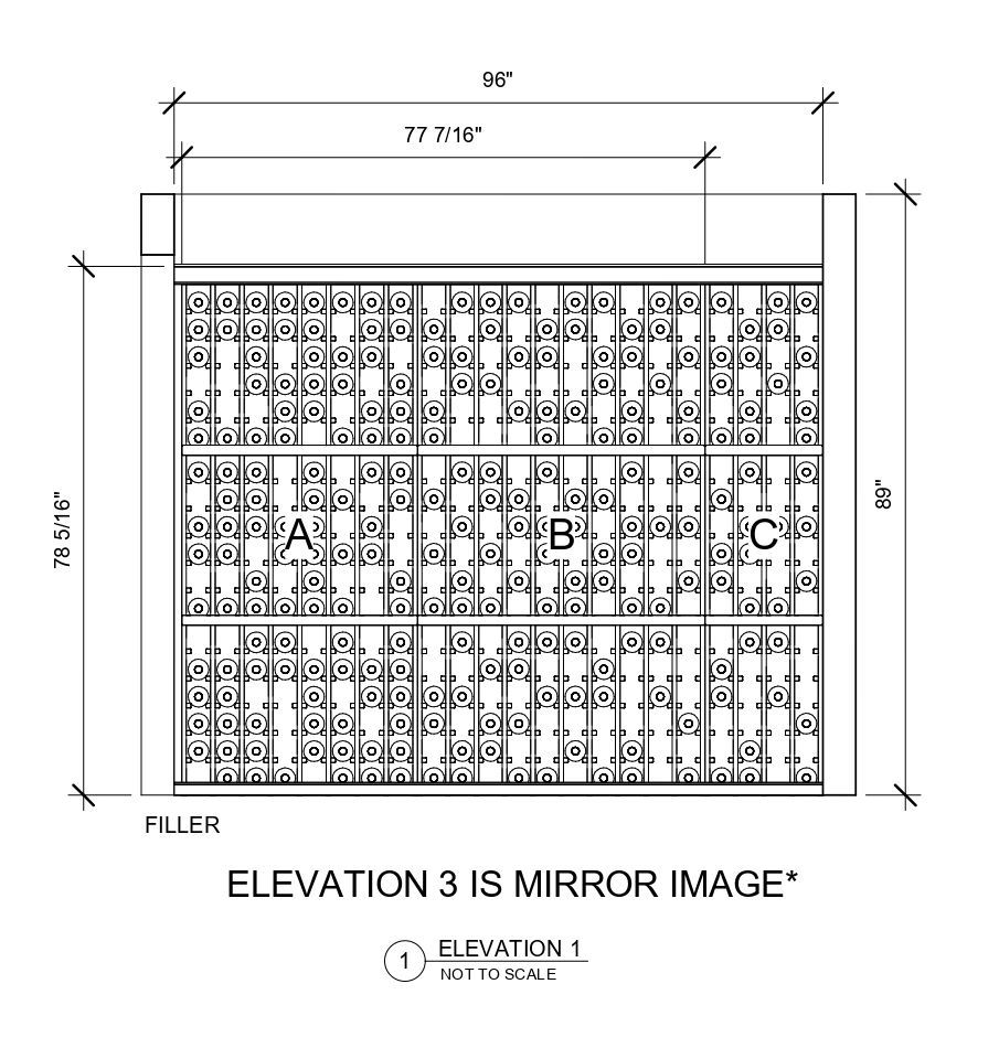 A black and white drawing of an elevation 3 is mirror image.