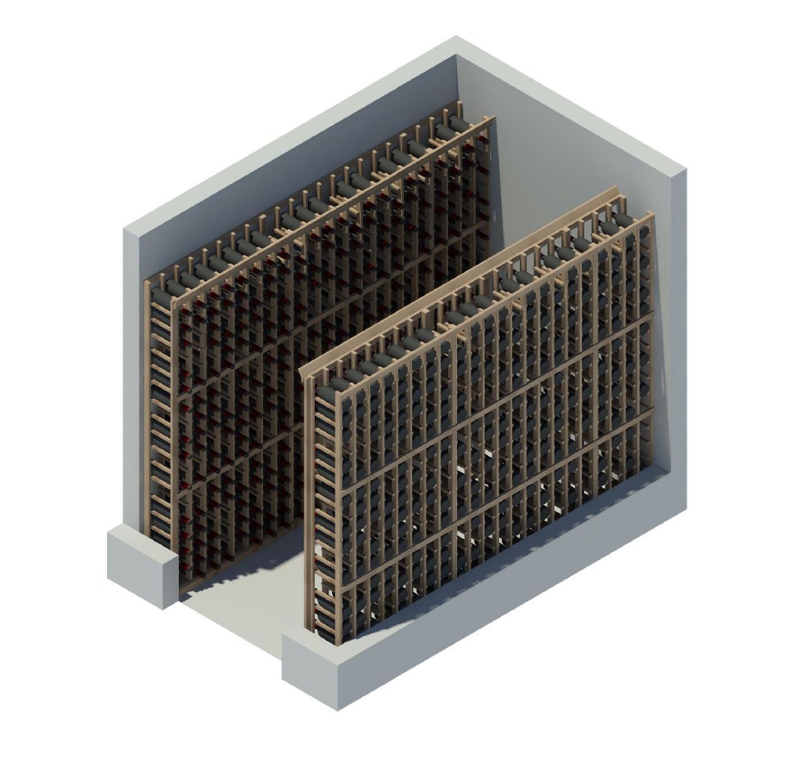 A 3d rendering of a warehouse with lots of shelves