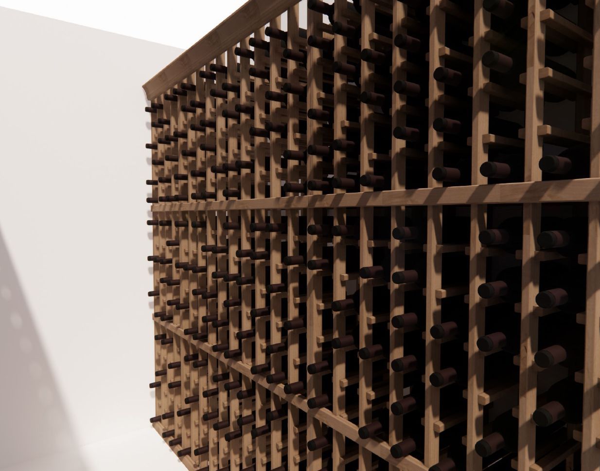 A wooden wine rack filled with lots of wine bottles
