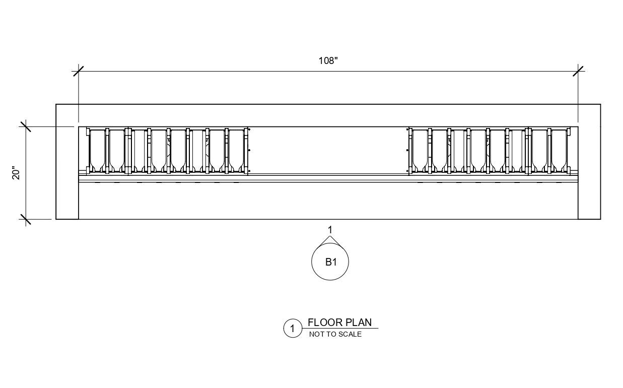 A black and white drawing of a railing with measurements.