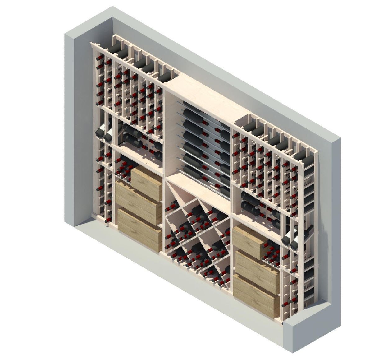 An isometric view of a wine cellar filled with wine bottles.