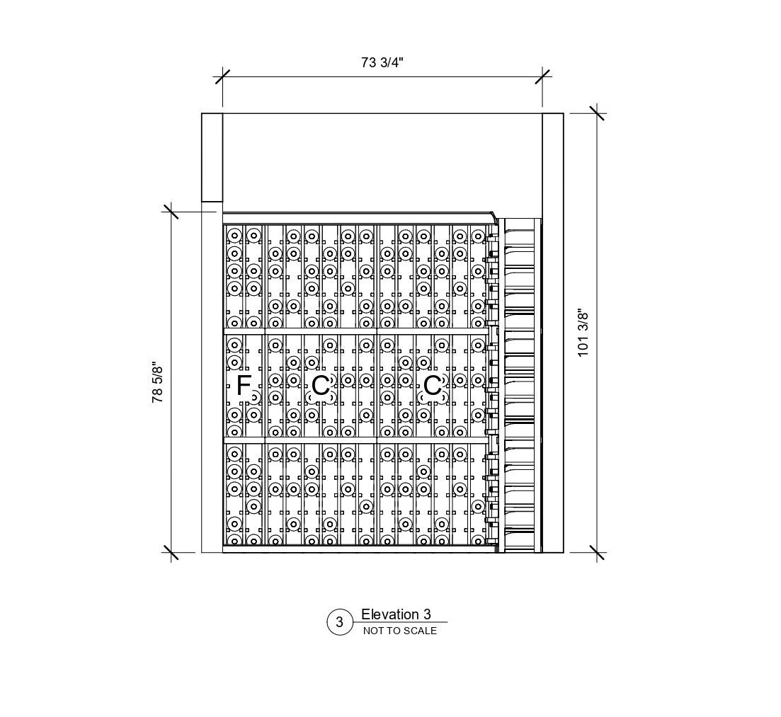 A black and white drawing of a building with measurements on a white background.