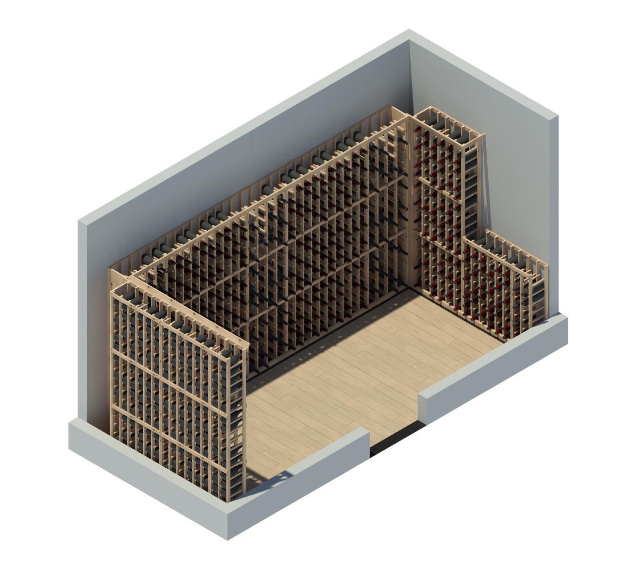 An isometric view of a room with a lot of shelves
