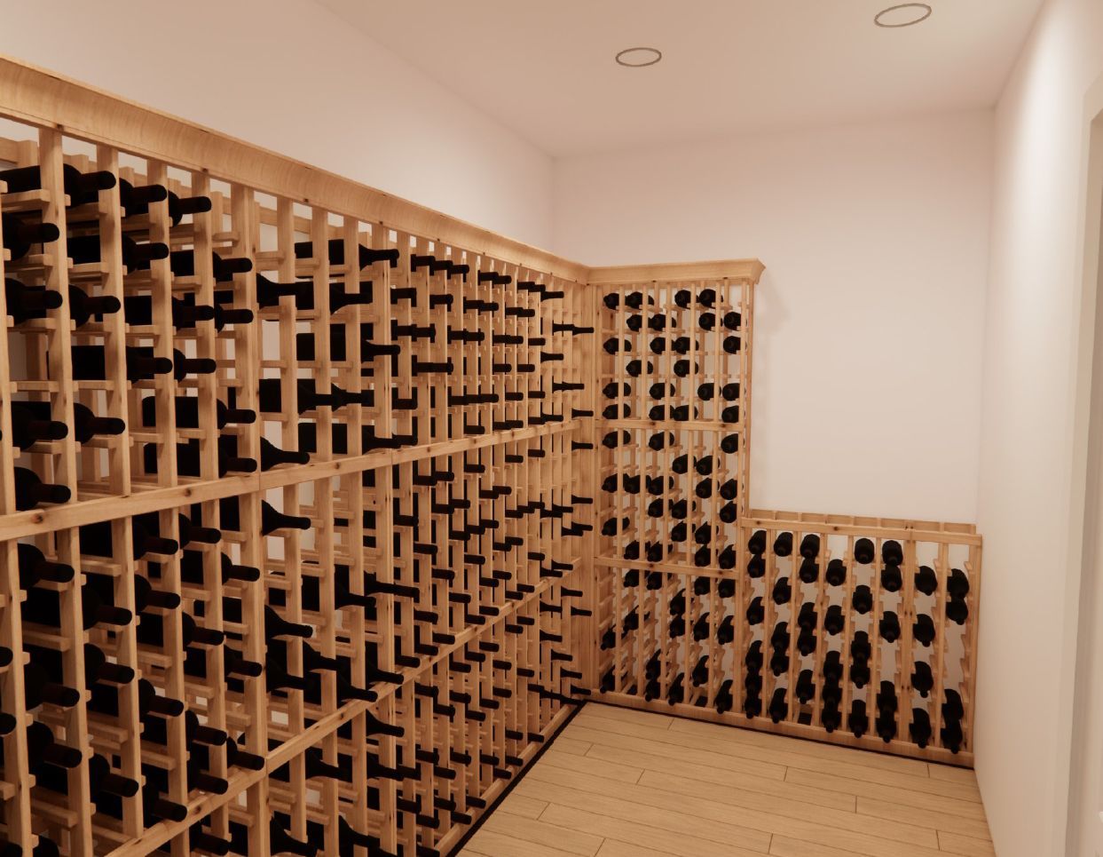 A wine cellar filled with lots of wine bottles on wooden racks.