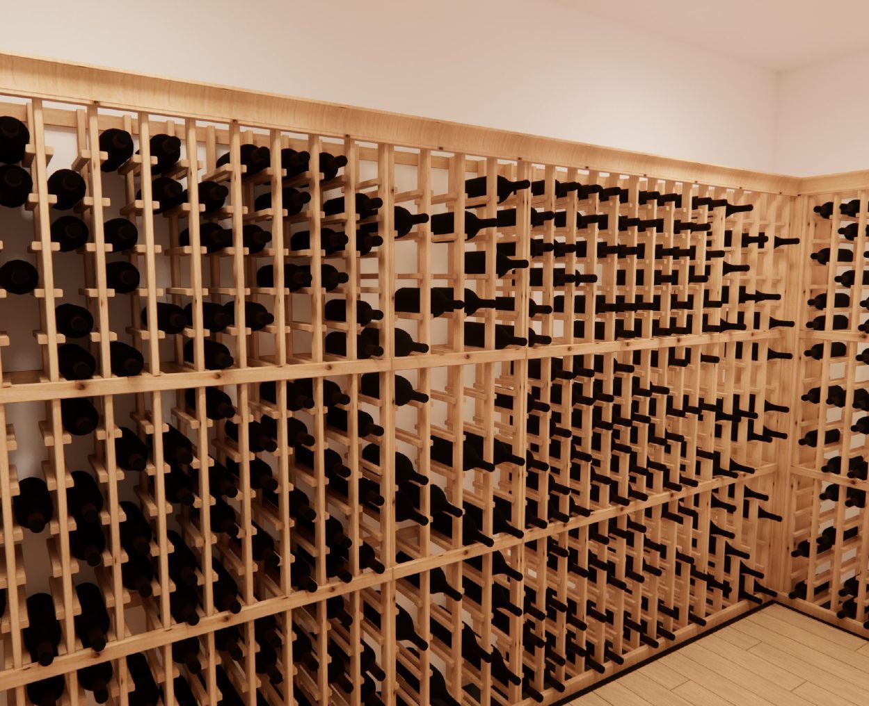 A large wooden wine rack filled with lots of wine bottles