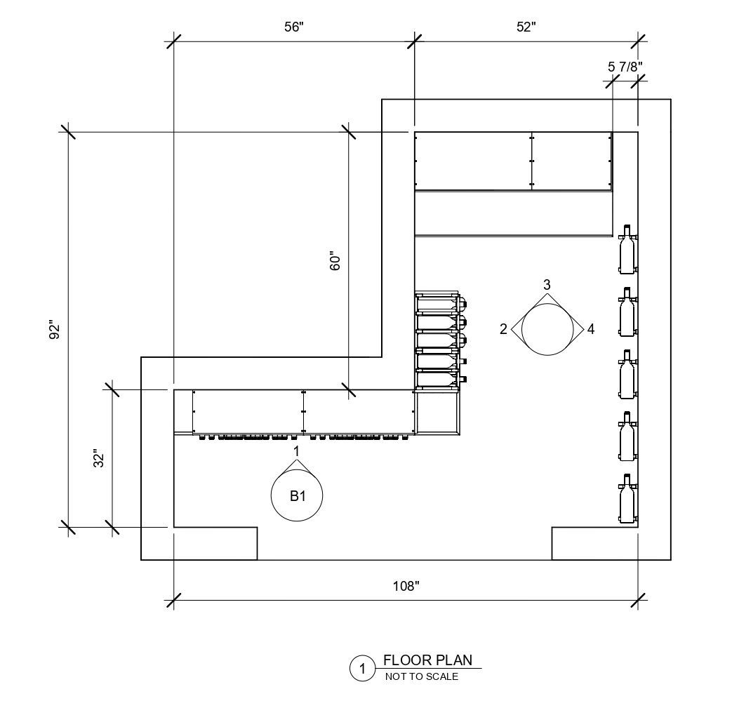 A black and white drawing of a kitchen with measurements