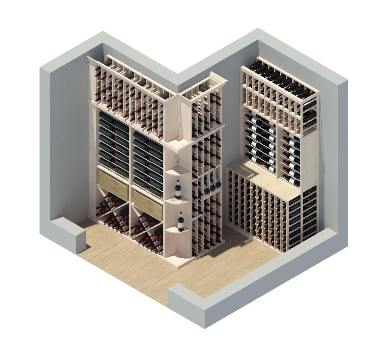 An isometric view of a wine cellar with lots of shelves