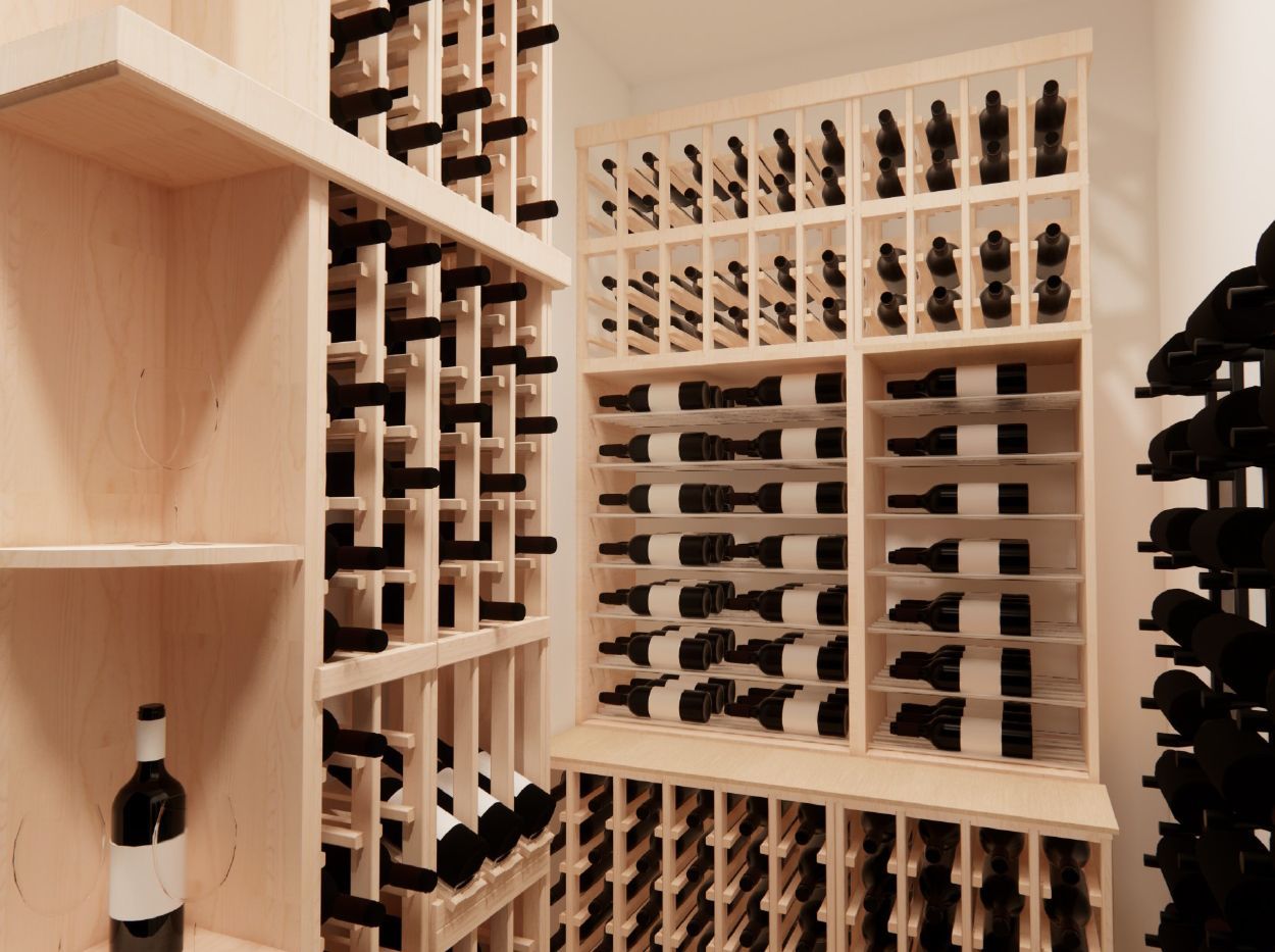A bottle of wine is sitting on a wooden shelf in a wine cellar.