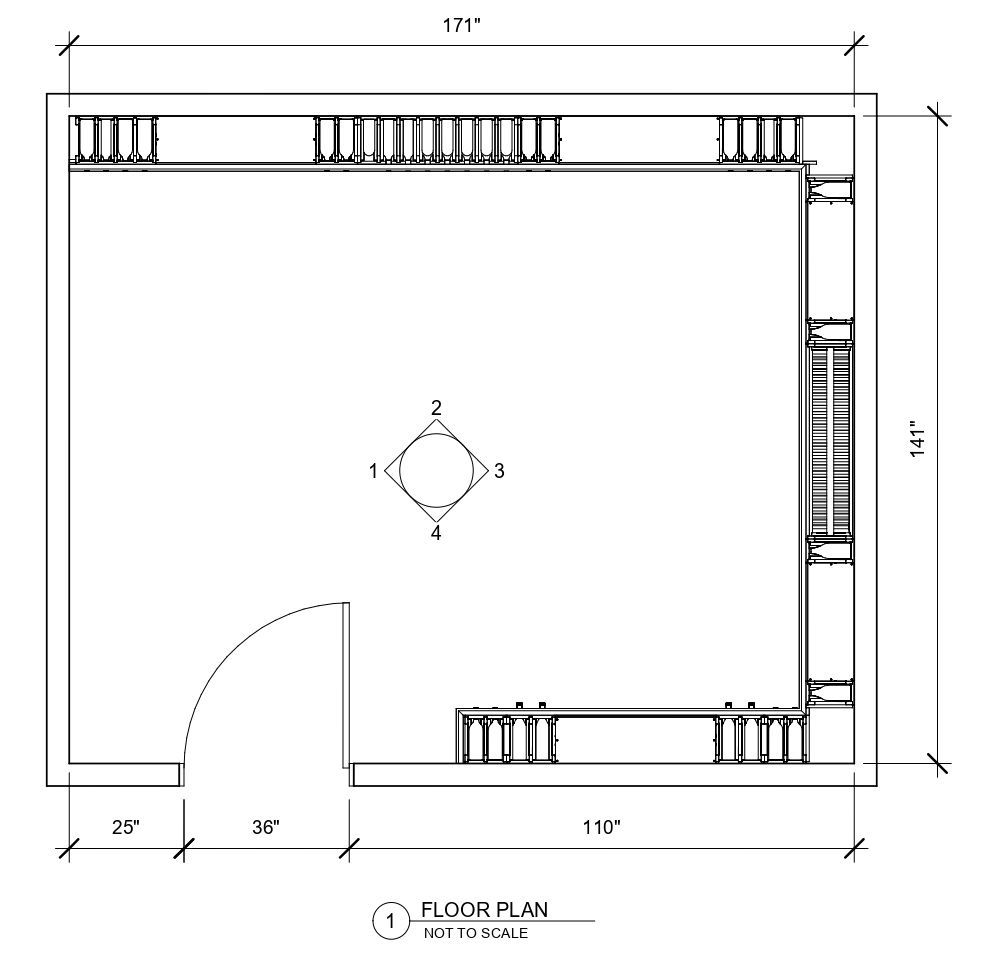 A black and white floor plan of a room with measurements.