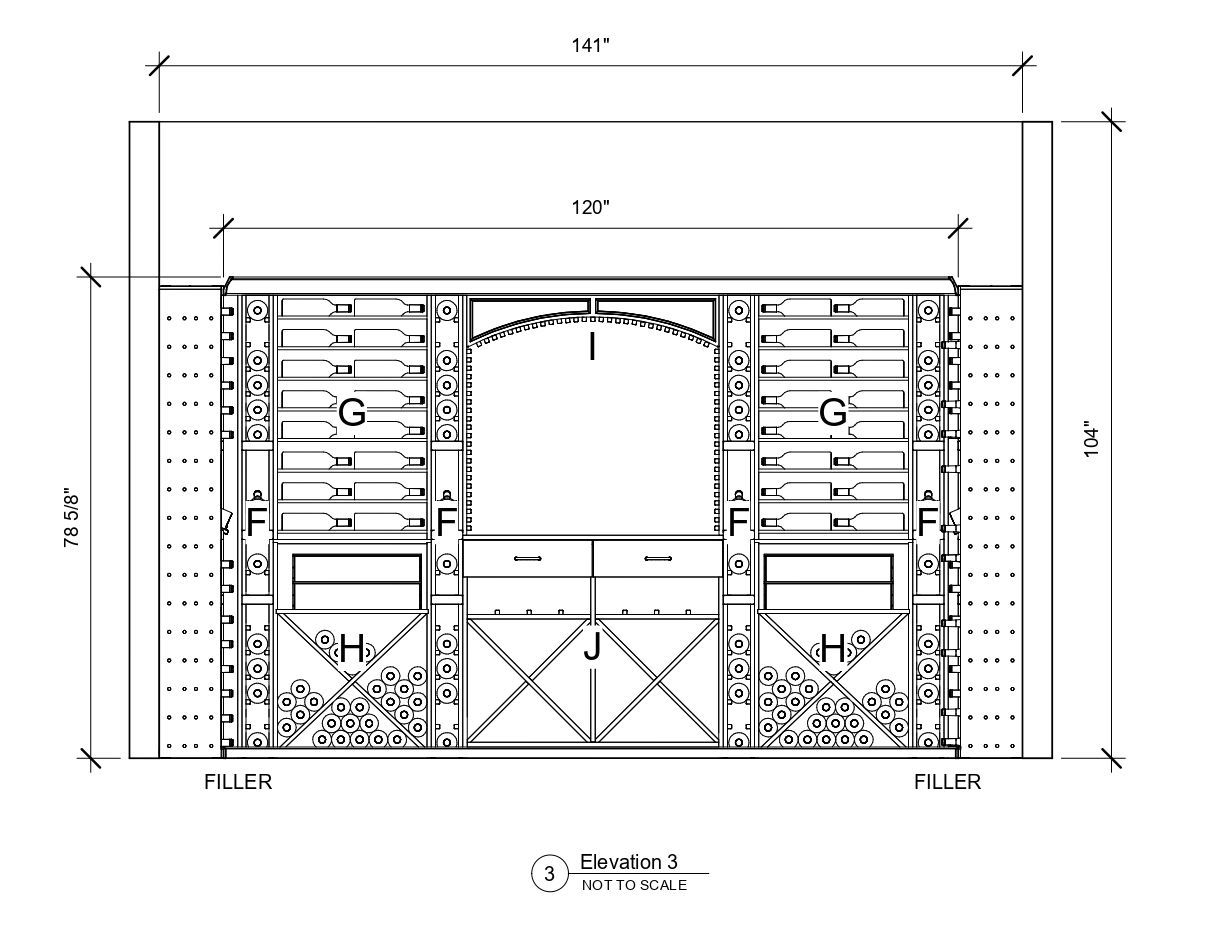 A black and white drawing of a wine cellar with measurements