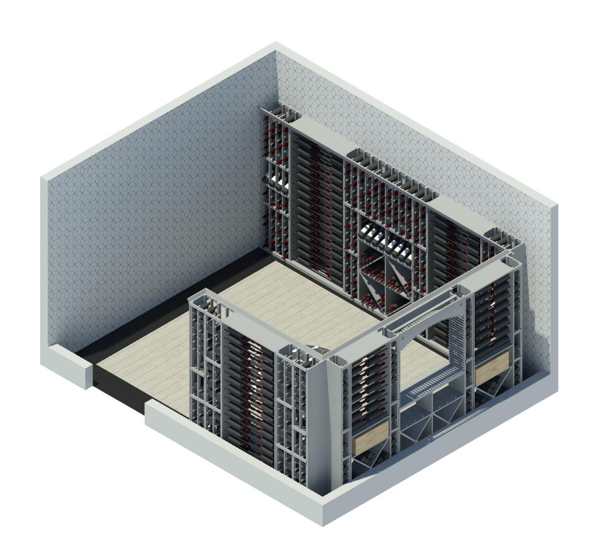 An isometric view of a room with a lot of shelves