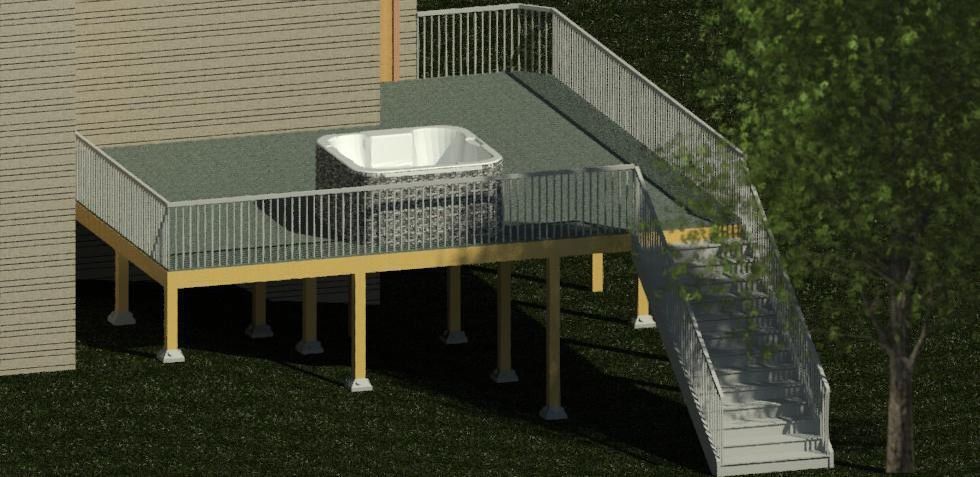 An aerial view of a deck with stairs and a hot tub on it.