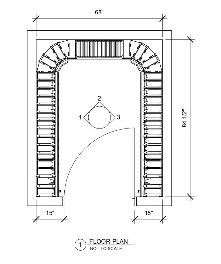 A black and white floor plan of a room with stairs and a door.