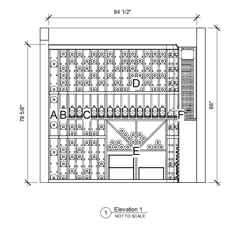 A black and white drawing of a wine cellar with measurements.