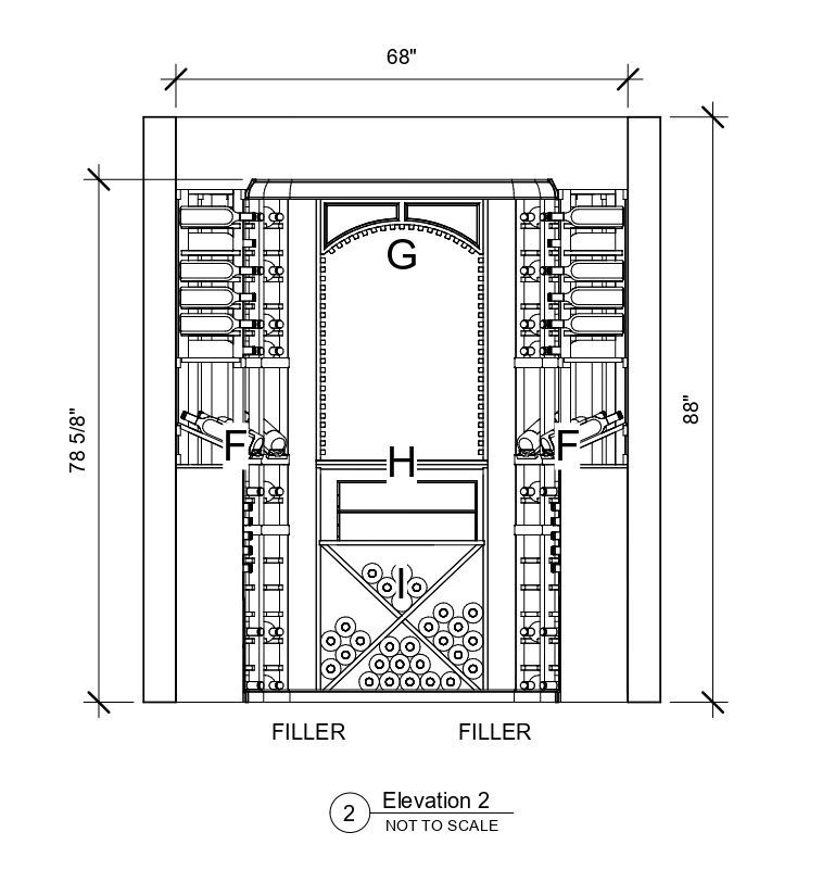 A black and white drawing of a wine cellar with measurements.