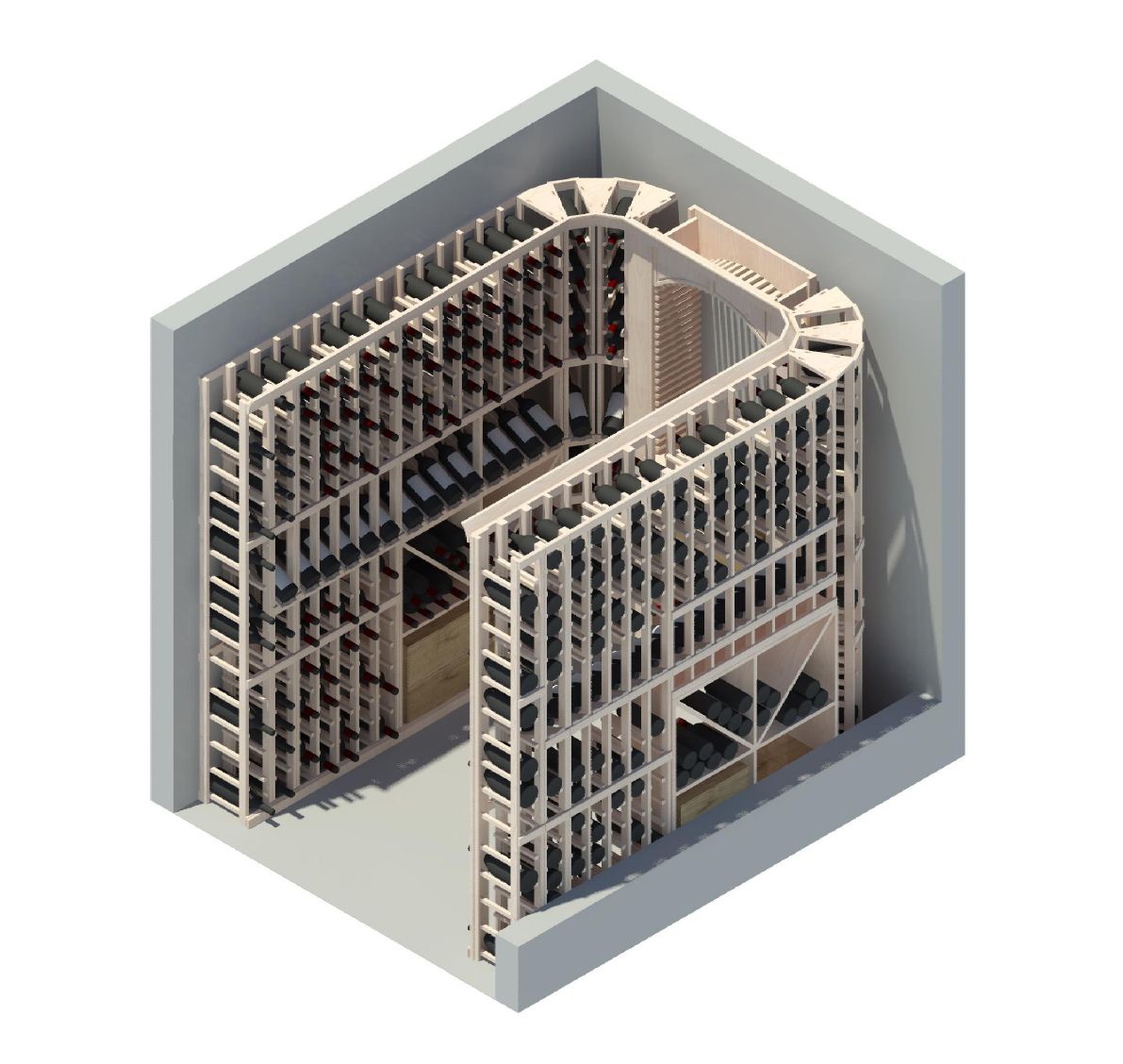 An isometric view of a building with a spiral staircase