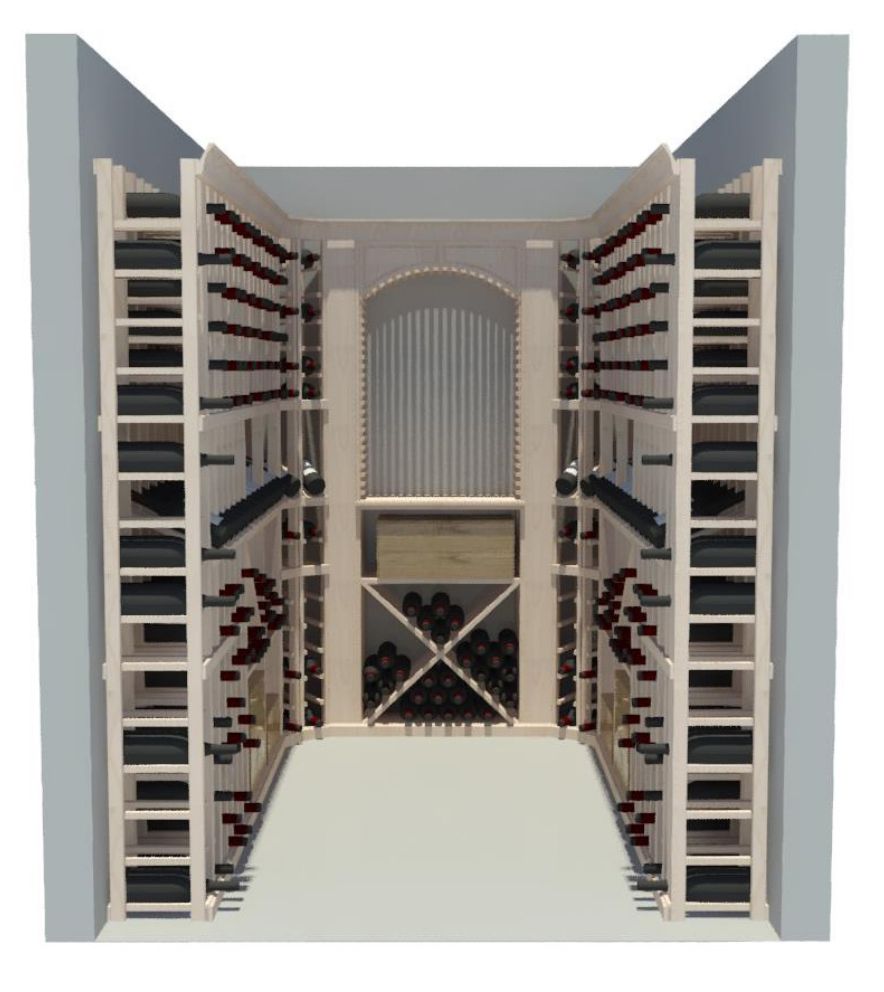 A 3d rendering of a wine cellar with the doors open