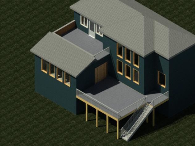 An isometric view of a house with a deck and stairs