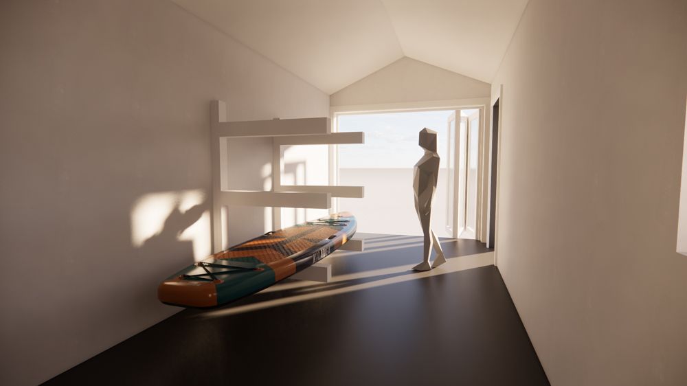A woman is standing in a hallway next to a kayak.