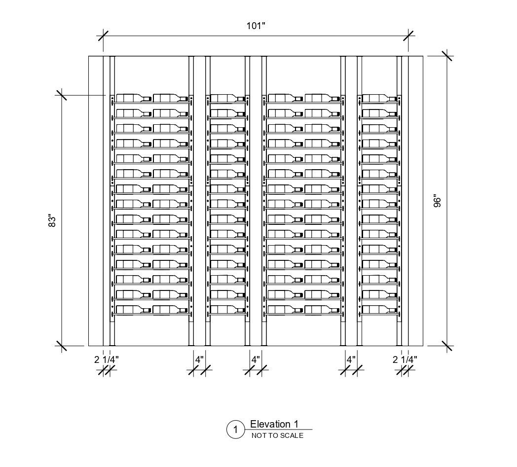 A black and white drawing of a building with measurements.