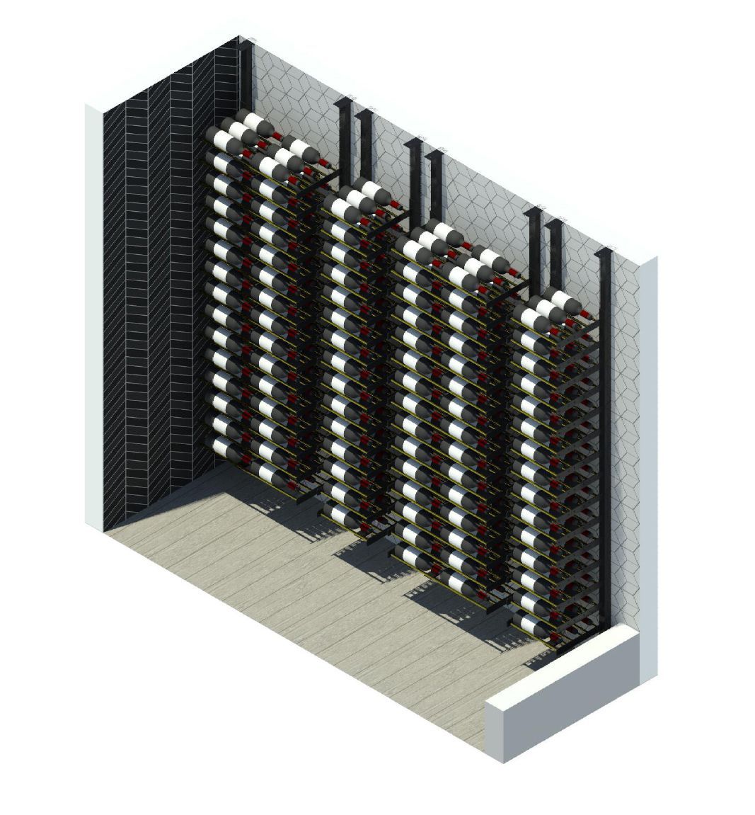 An isometric view of a wine cellar filled with lots of wine bottles.