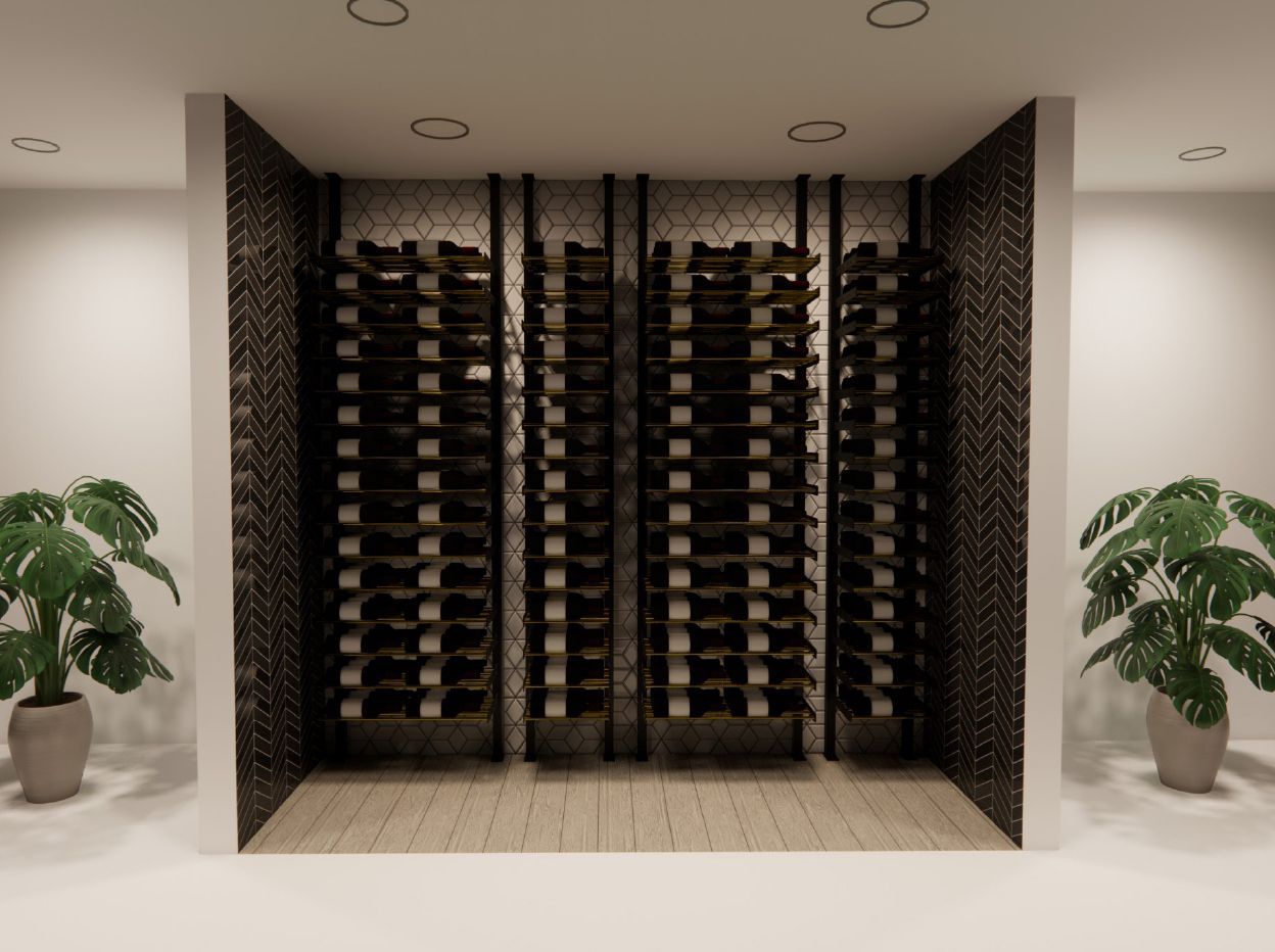 A rendering of a wine cellar with lots of wine bottles on shelves.