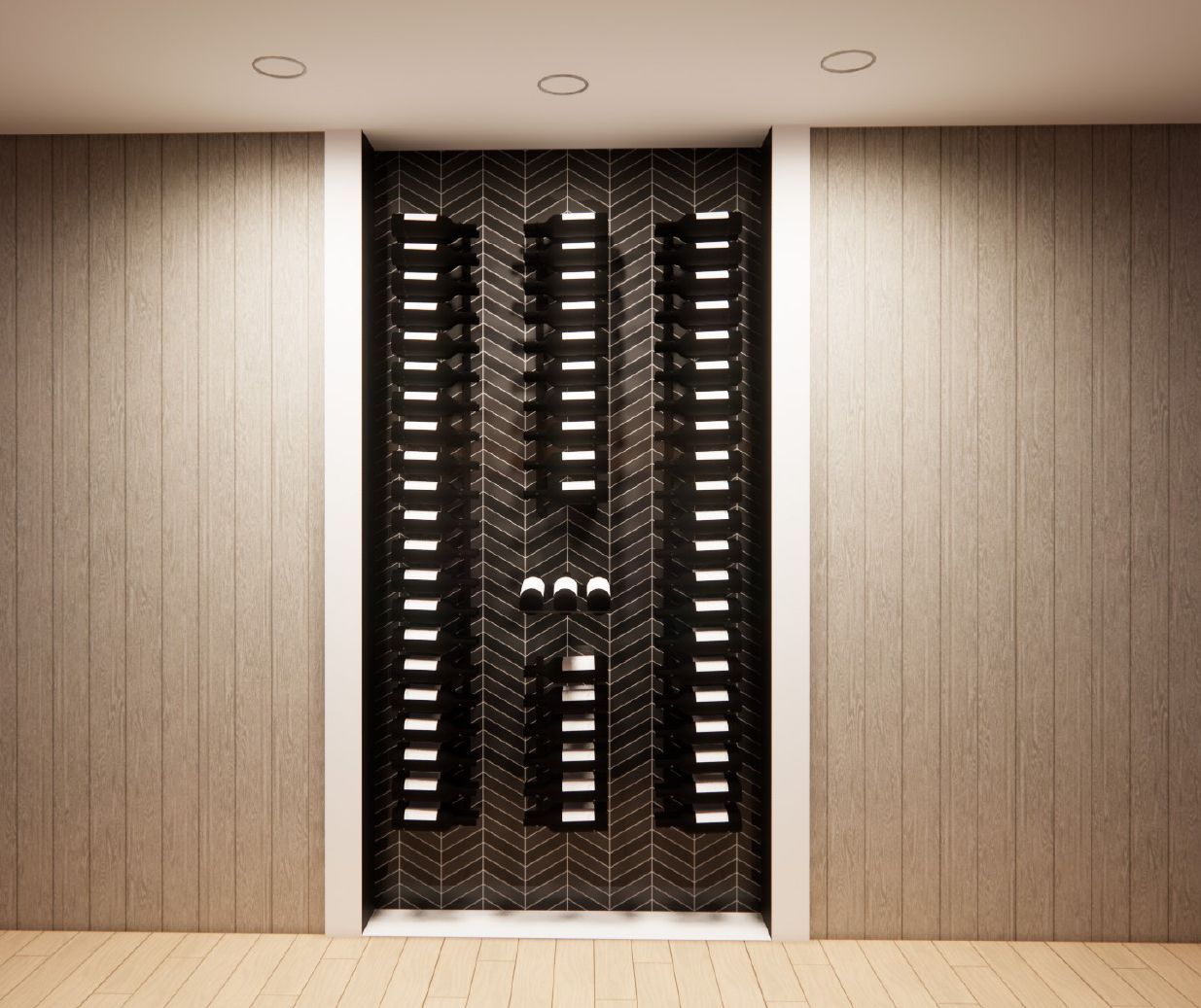 A wooden wall with a wine rack on it