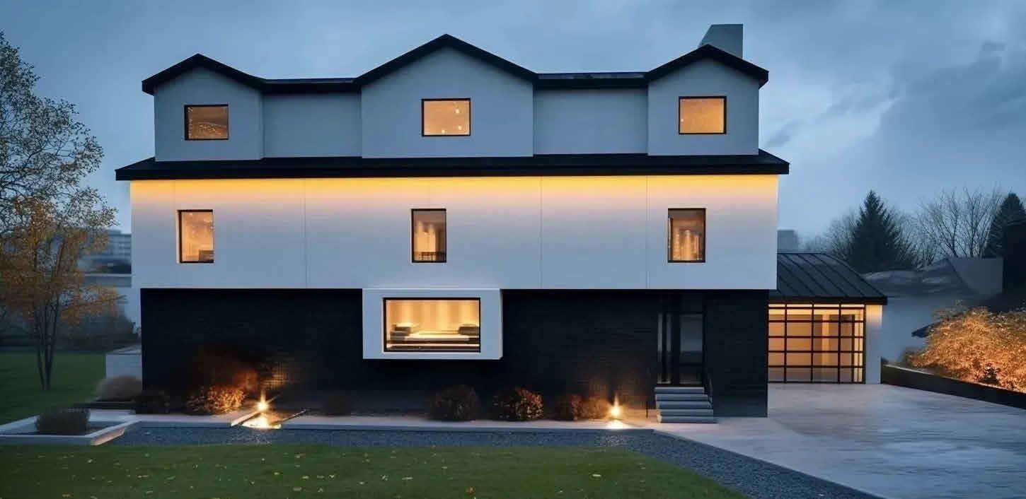 A black and white house with a lot of windows is lit up at night.