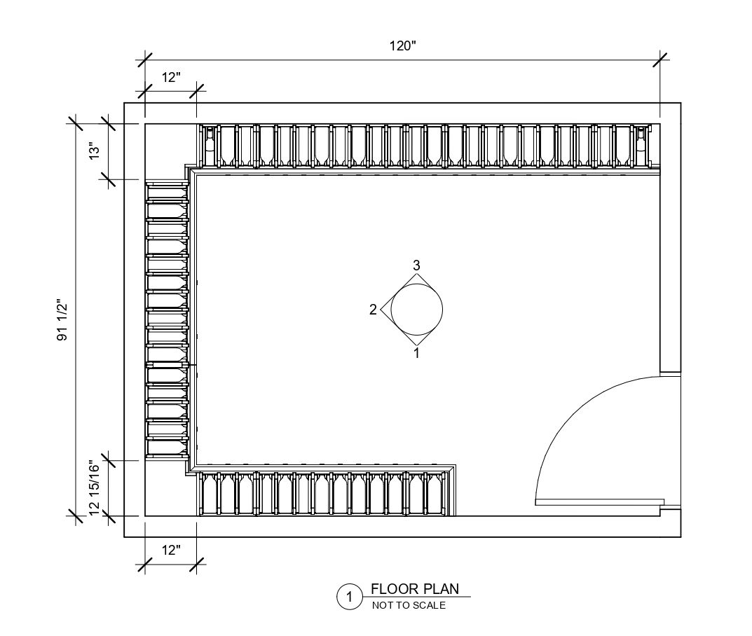 A black and white floor plan of a room with measurements.