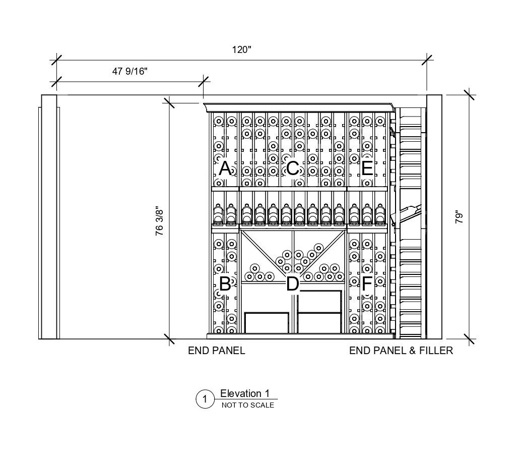 A black and white drawing of a wine cellar with measurements.