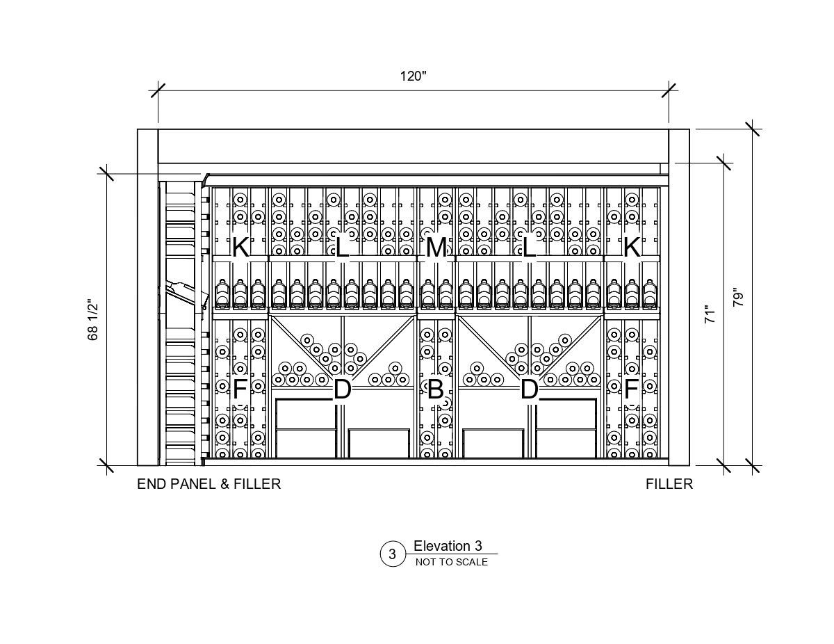 A black and white drawing of a building with measurements on a white background.