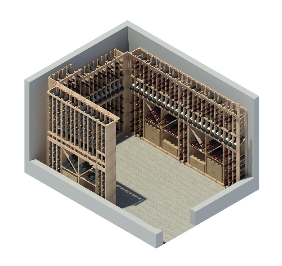 An isometric view of a wine cellar with wooden shelves
