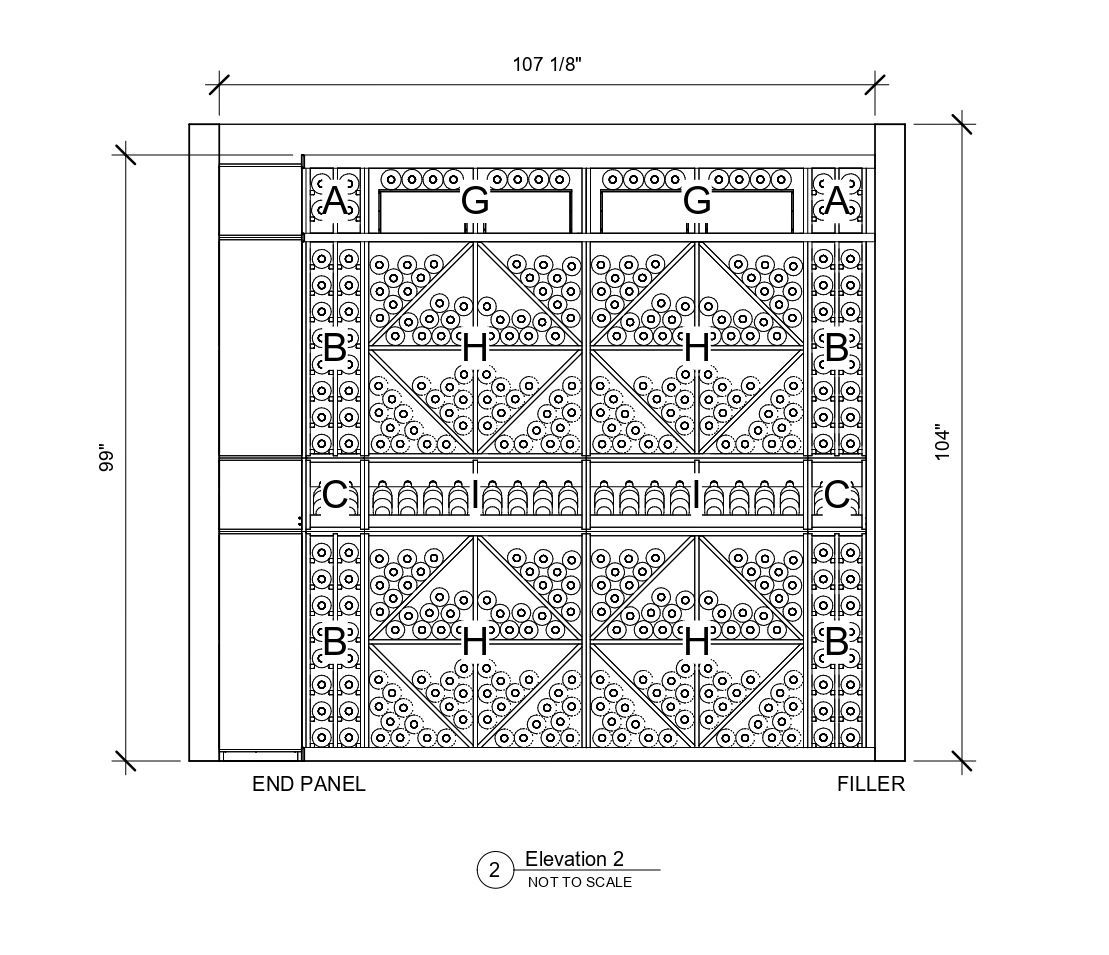 A black and white drawing of a building with measurements on a white background.