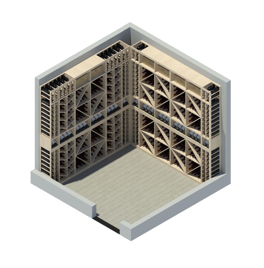 An isometric view of a warehouse with lots of shelves