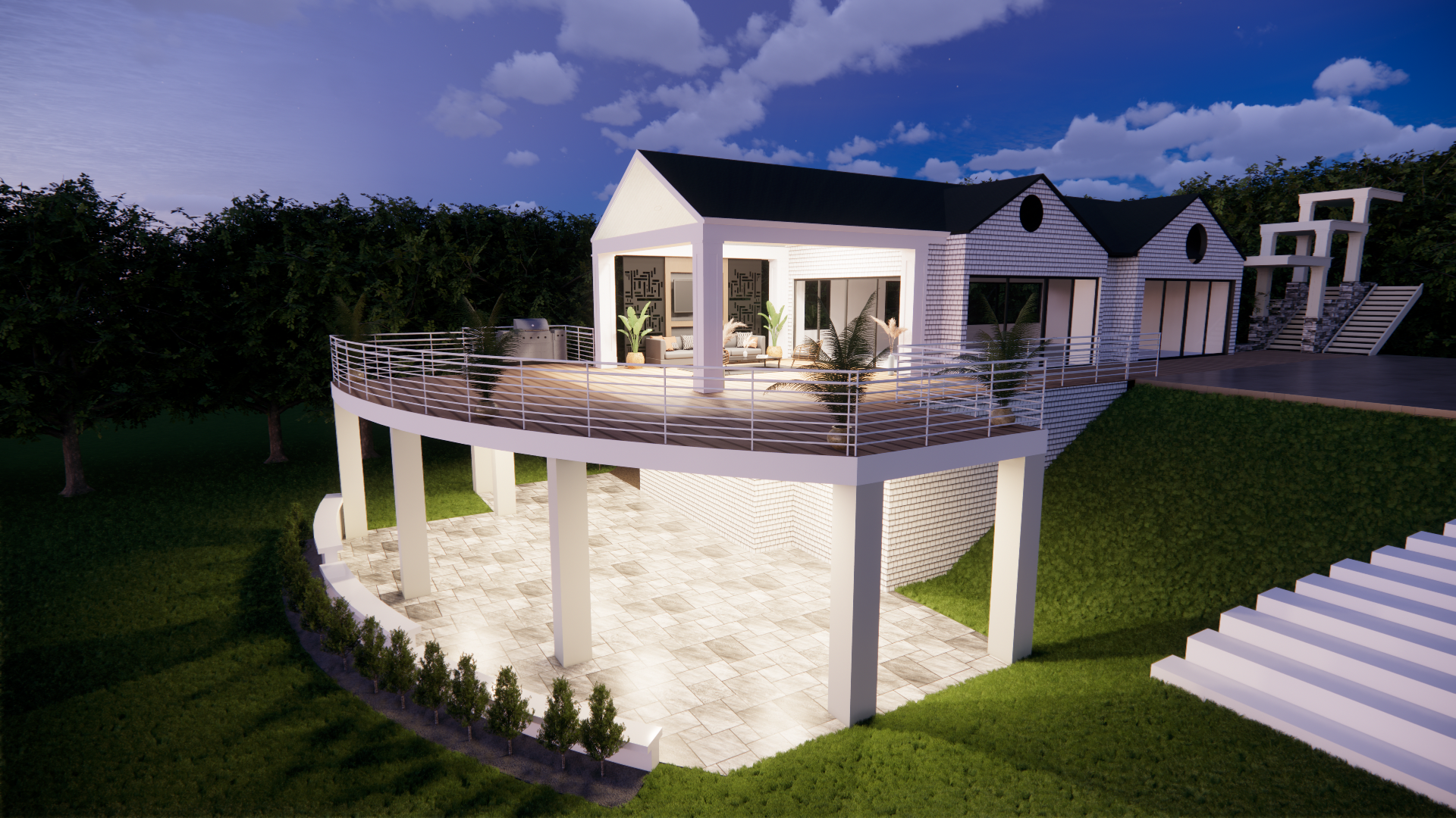 A white house is sitting on top of a grass covered hill.