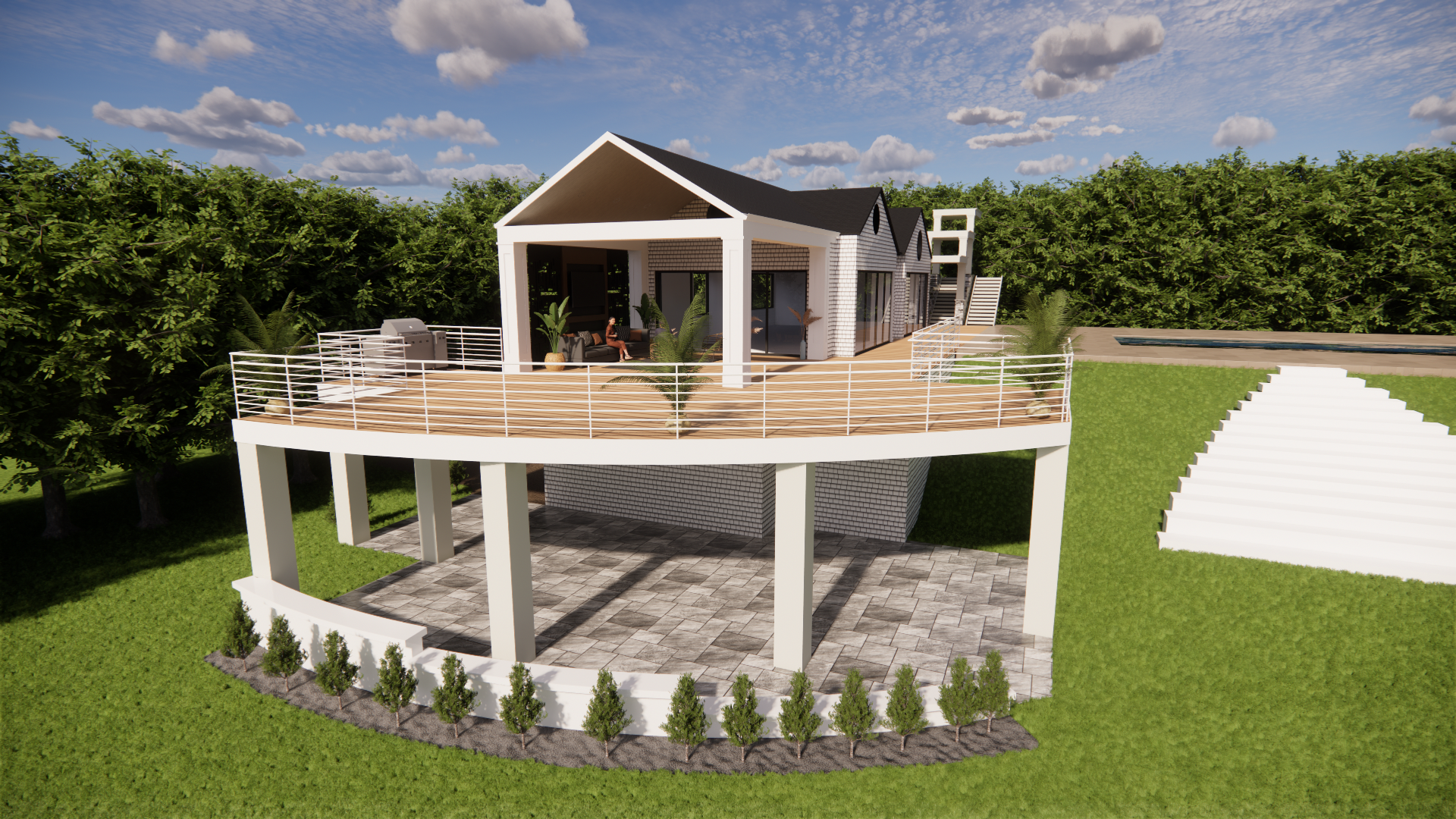 A 3d rendering of a house with a large deck surrounded by trees.