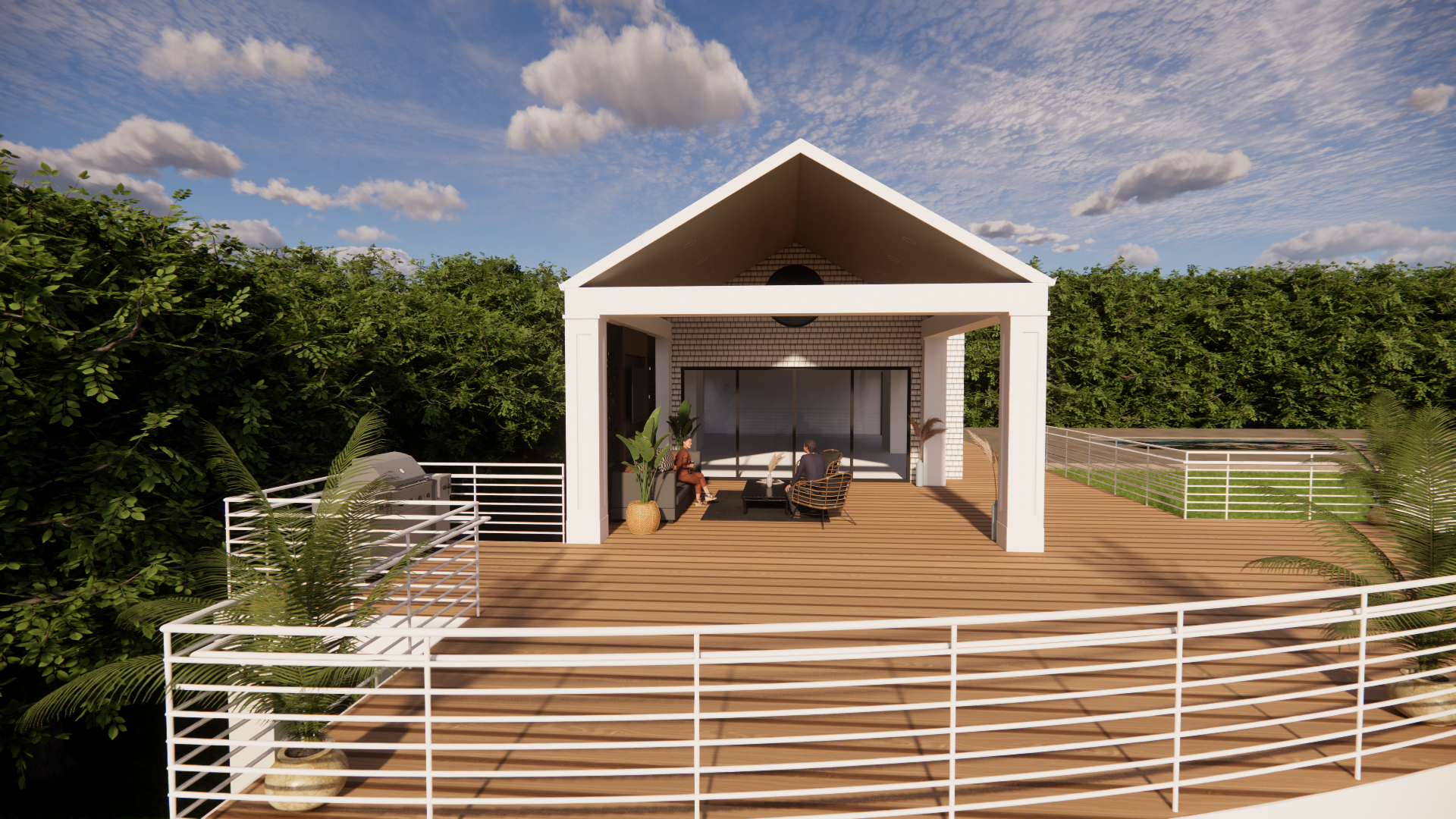 A 3d rendering of a house with a wooden deck surrounded by trees.