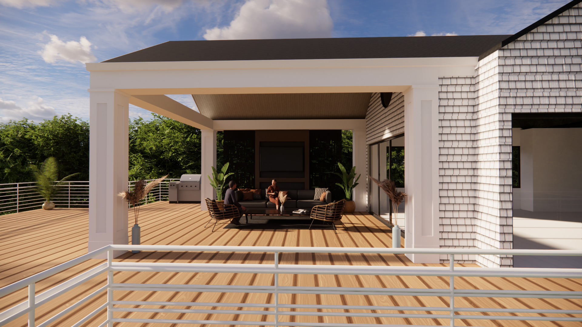 A 3d rendering of a house with a large covered porch.