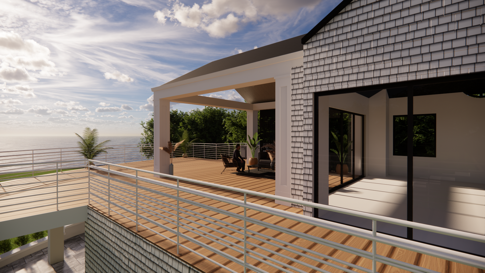 A 3d rendering of a house with a balcony overlooking the ocean.