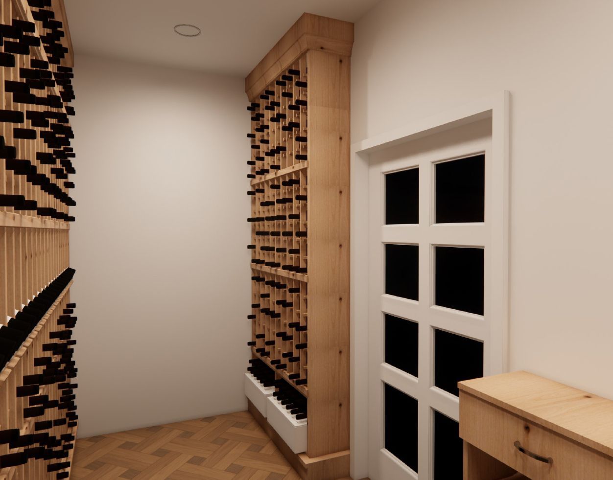 A wine cellar with wooden shelves and a door