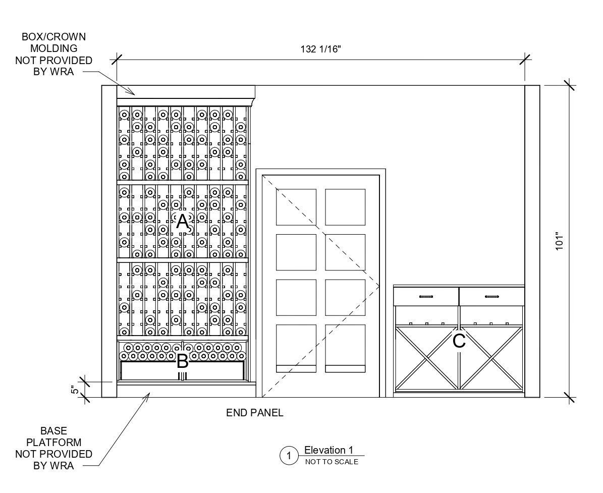 A black and white drawing of a wine cellar with measurements.