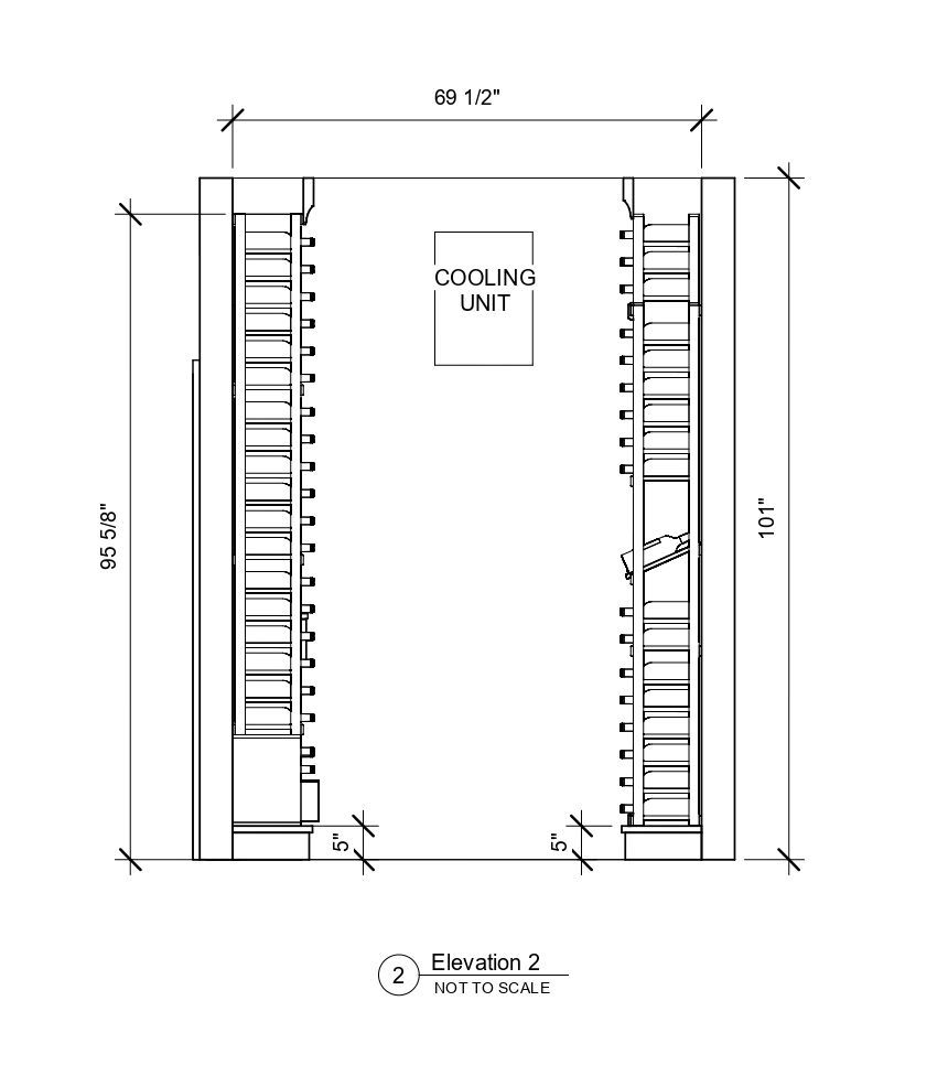 A black and white drawing of a cooling unit with measurements.