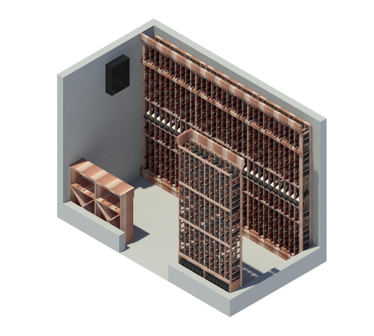 An isometric view of a wine cellar with wooden shelves
