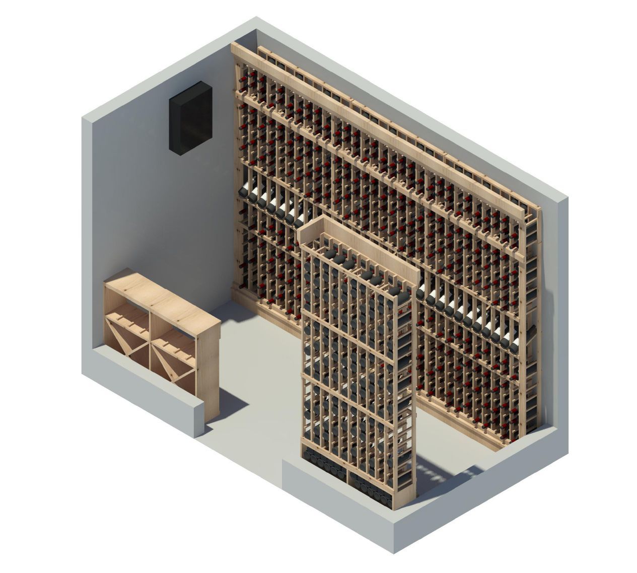 An isometric view of a wine cellar with wooden shelves